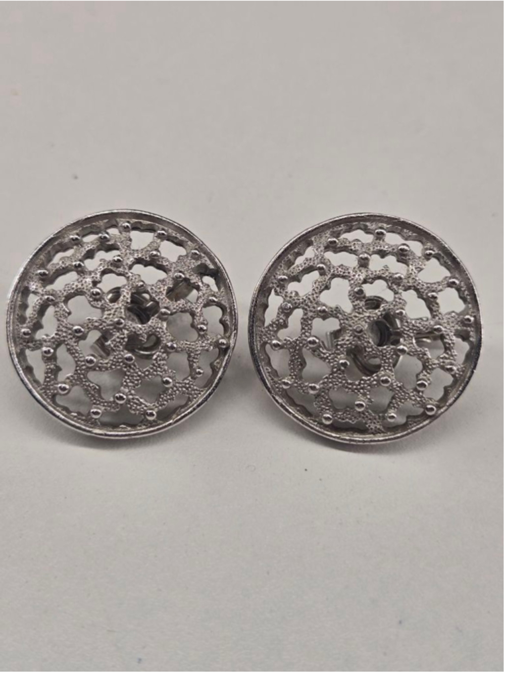 Vintage Crown Trifari Earrings Silver Tone Brutalist Filigree Clip On Intricate